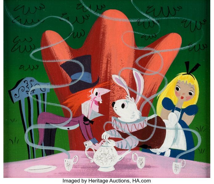 Mary Blair'in Alice Harikalar Diyarında için konsept ve renk anahtarı resmi: çay partisinde Alice, Şapkacı ve Beyaz Tavşan
