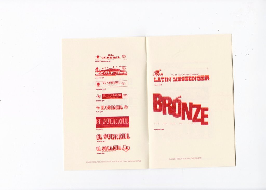 Masthead Zine iç sayfası: solda El Cuhamil gazetesinin yıllara göre sıralanmış masthead varyantları, sağda The Latin Messenger ve Bronze logoları