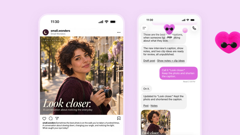 İki telefon ekranı: solda Look closer başlıklı bir Instagram gönderisi, sağda kalp şeklindeki dot ile başlık ve açıklamayı düzenleyen sohbet