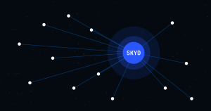 Koyu zeminde çok sayıda küçük beyaz noktanın çizgilerle SKYD yazılı tek büyük mavi daireye bağlandığı takımyıldız şeması