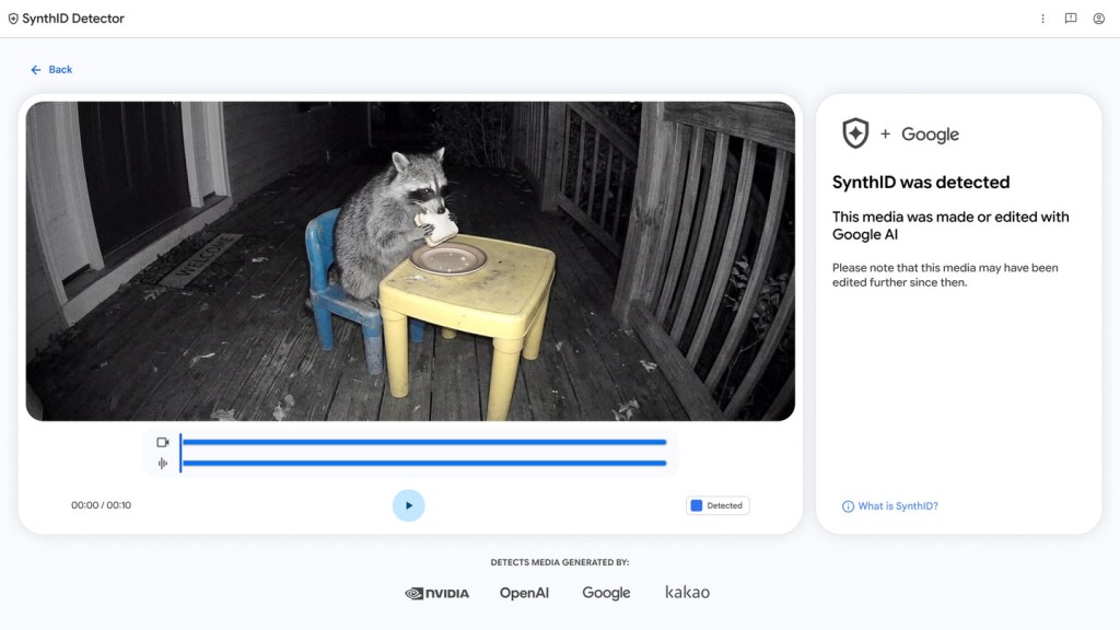 SynthID Detector arayüzü: solda bir rakun videosu ve altında video ile ses için iki mavi zaman çizelgesi, sağda “SynthID was detected” sonucu; altta NVIDIA, OpenAI, Google ve Kakao logoları