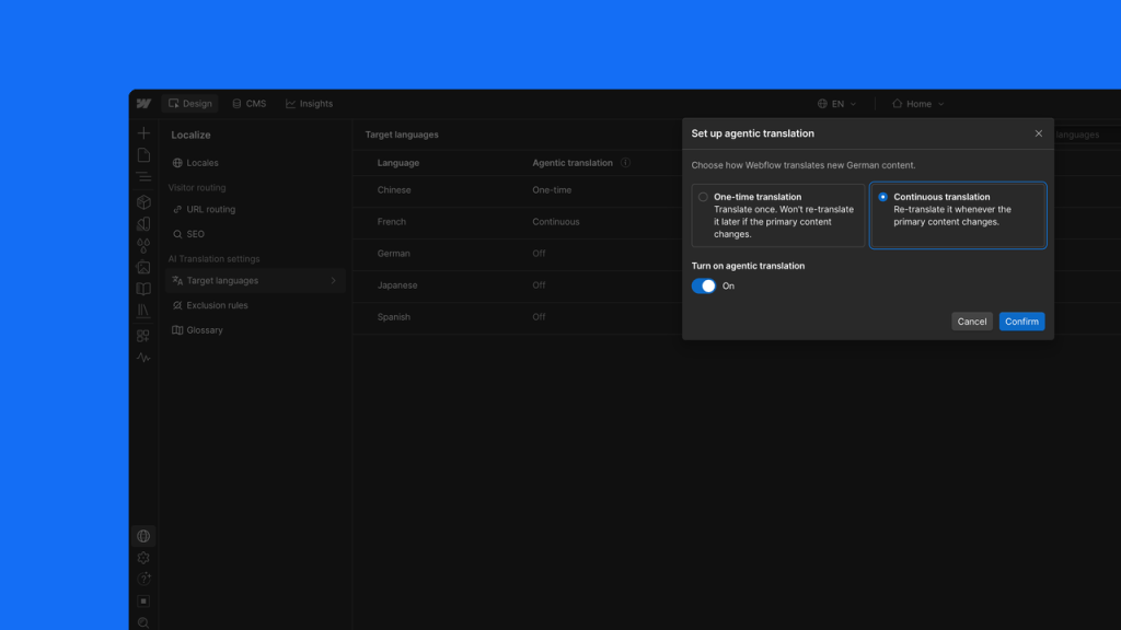 Webflow Localize panelinde Target languages listesi üzerinde açılan Set up agentic translation penceresi; One-time translation ve Continuous translation seçenekleri ile açma anahtarı