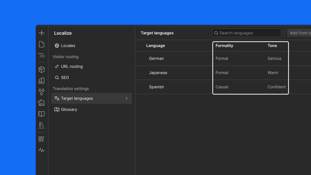 Webflow Localize Target languages tablosu; Almanca, Japonca ve İspanyolca için Formality ve Tone sütunlarında Formal, Casual, Serious, Warm, Confident değerleri