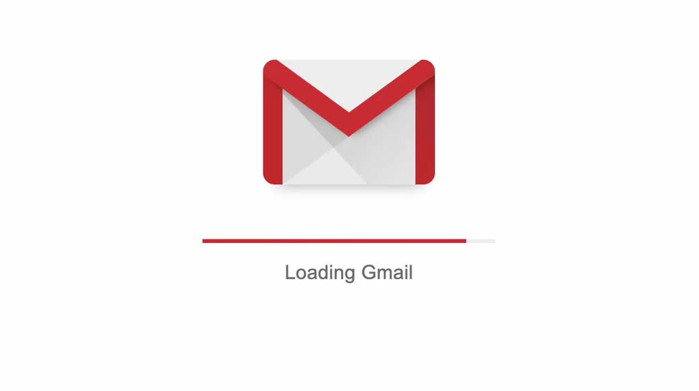 Gmail’in 2018’de getirdiği yükleme ekranı: büyük zarf logosu, altında kırmızı ilerleme çubuğu ve Loading Gmail yazısı