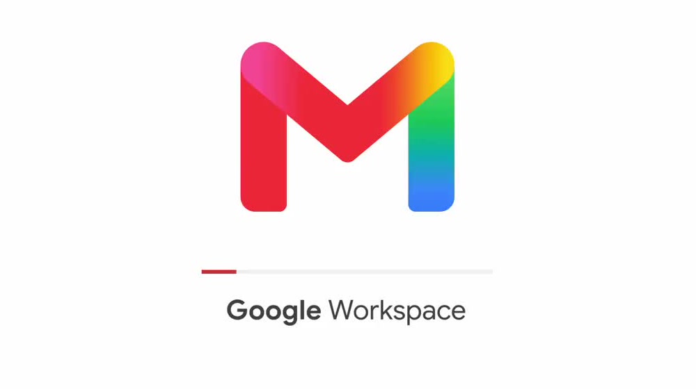 Gmail’in güncel, sadeleştirilmiş yükleme ekranı: renkli M logosu, ince ilerleme çizgisi ve Google Workspace yazısı