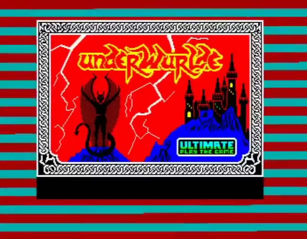ZX Spectrum’da kasetten yüklenen Underwurlde oyununun kırmızı-mavi başlık kartı, kenarlarda yükleme sırasında yanıp sönen çizgili çerçeve